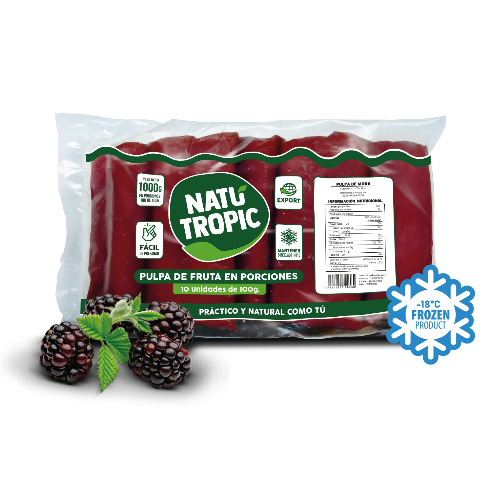 IQF Ecuadorian Blackberry Pulp - Pulpa de Mora Ecuatoriana Congelado 100g each (Pack of 10 sachets)