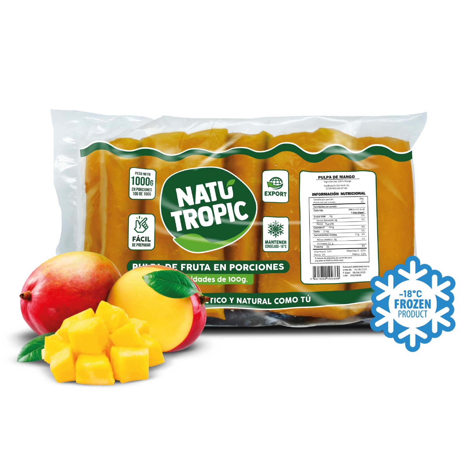 IQF Ecuadorian Mango Pulp - Pulpa de Mango Ecuatoriano Congelado 100g each (Pack of 10 sachets)